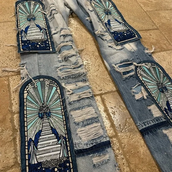 Who Decides War WDW Final Destination Patch Crystal / Rhinestone Distress Denim